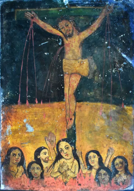 Antique 19th C. Spanish Colonial Painting/ Retablo - Crucifixion on tin