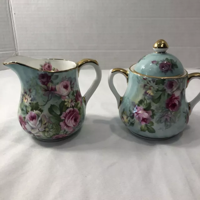 Crown Victorian Staffordshire England Cabbage Roses Creamer & Sugar Gold Trim