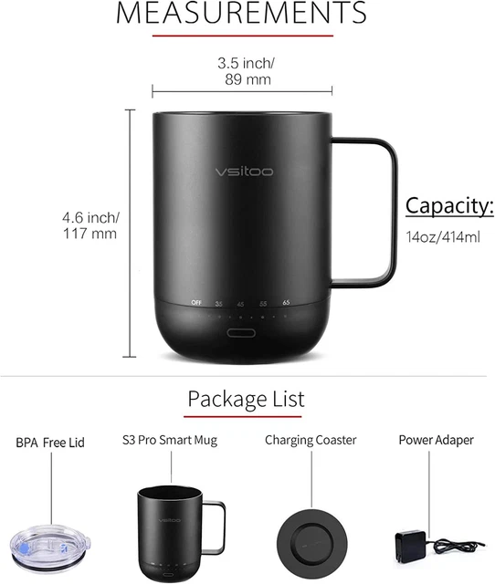 VSITOO Control Smart Coffee Mug - 14oz Black - App Controlled Heated Coffee Cup 7