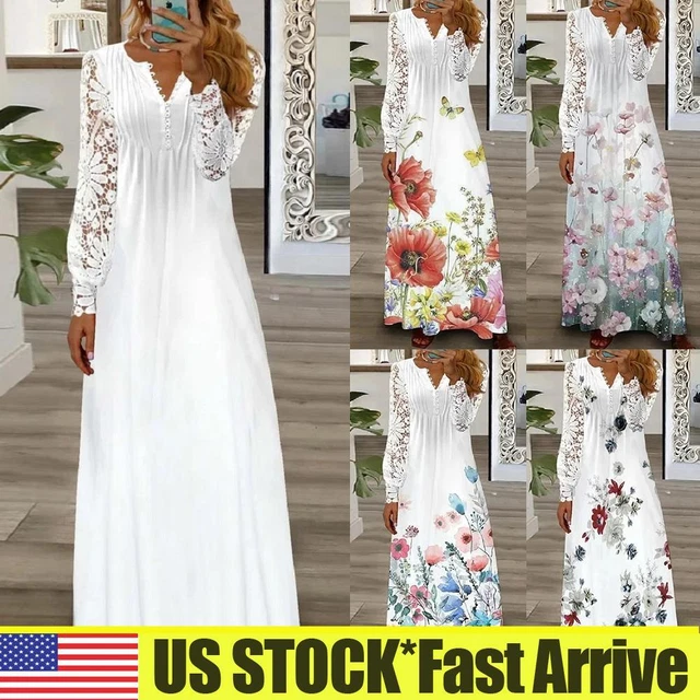 Women's V-Neck Lace Long Sleeve Maxi Dress Floral Print Casual Soft Long Dresses