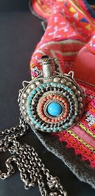 Old Tibetan Incense / Snuff Bottle on Silver Chain with Turquoise and Red Stones 2