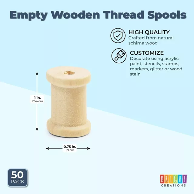 50 Pack Empty Wooden Thread Spools for Arts and Crafts, 0.75 x 1 In, 0.6 cm Hole 2