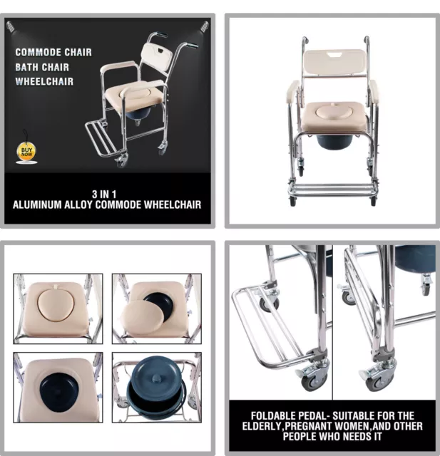 Aluminum Mobile Shower Toilet Commode Chair Bathroom Bedside Footrest Wheelchair 2