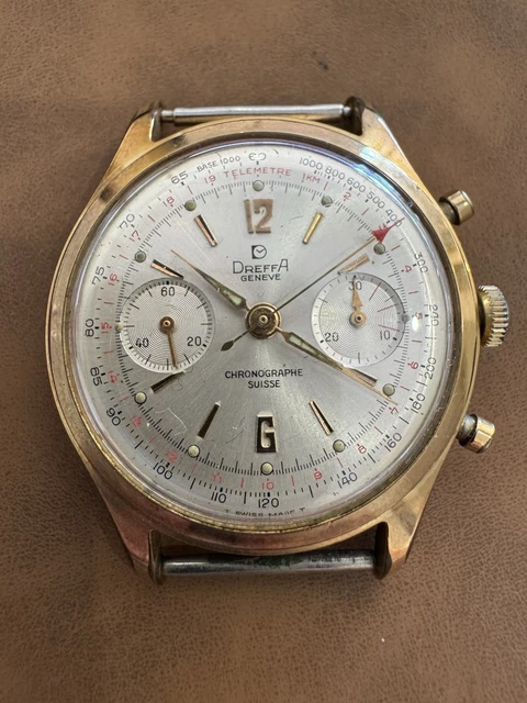 Montre Vintage Dreffa Chronographe - Mouvement Mécanique Valjoux 92 - Boîtier Doré 37mm - Bracelet Cuir - Occasion