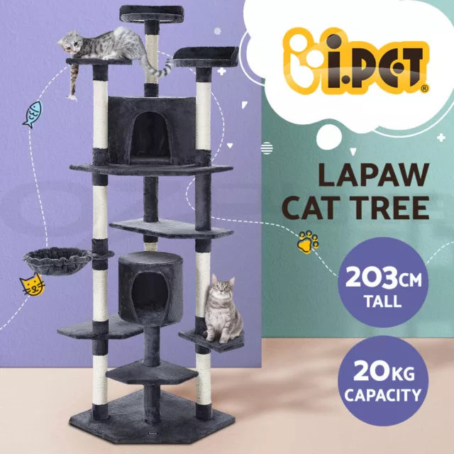 i.Pet Cat Tree Tower Scratching Post Scratcher 203cm Condo Trees House Bed Grey