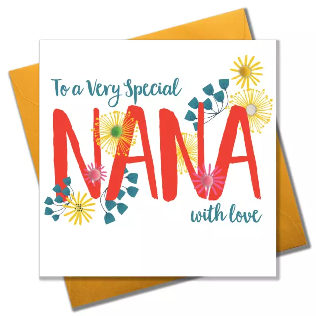 Birthday Card, Flowers, Special Nana with Love, Embellished with pompoms