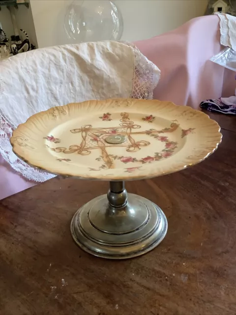 Antique Crown Devon Fieldings Plate & Epns Comport Cake Stand Table Centre