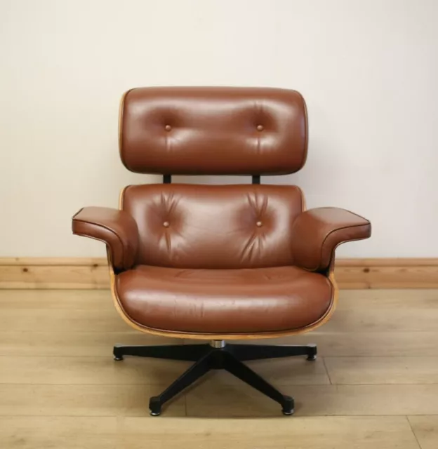Eames Style Brown Leather Lounge Chair / Armchair & Ottoman With Walnut Wood