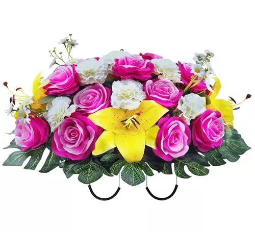 Headstone Flower Saddle for Graves,Artificial Flowers for Cemetery:Pink Rose,...