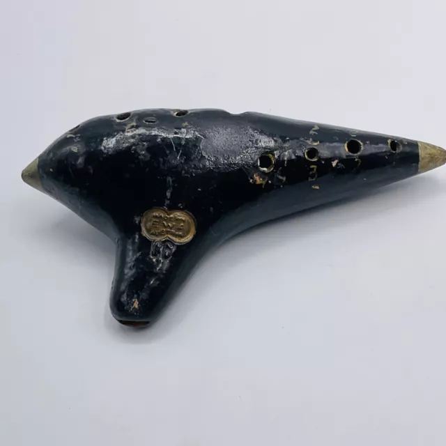 Vintage Ocarina EWA C6 Flute Austria Made Black Ceramic 6” Antique Gold Paint