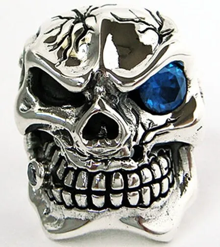 Heavy Blue Eye Cz Mafia Skull Solid Sterling Silver Ring