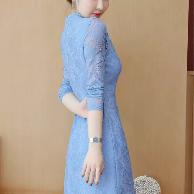 Donna Pizzo Mini Abito Floreale Ricamo Cheongsam Manica Lunga a-Line Qipao