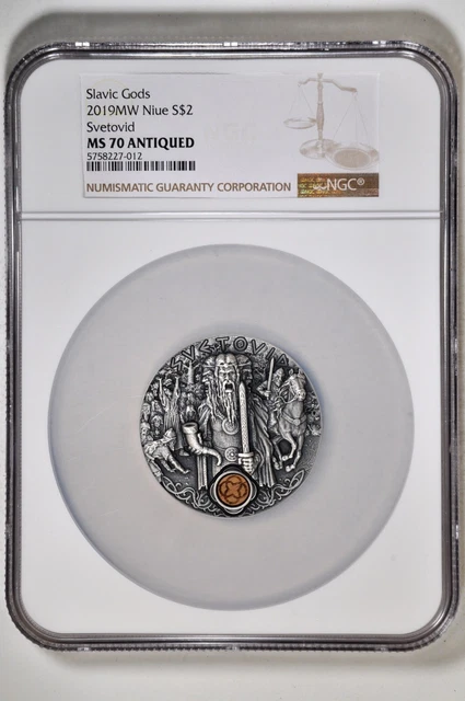 Slavic Gods Niue Islands $2, 2019 SVETOVID 2oz Silver Coin NGC MS70 Antiq.#7-012