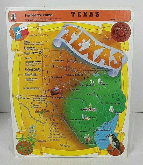 VTG TEXAS Frame Tray Map Puzzle 1992 USA-made History Geography Home School GUC