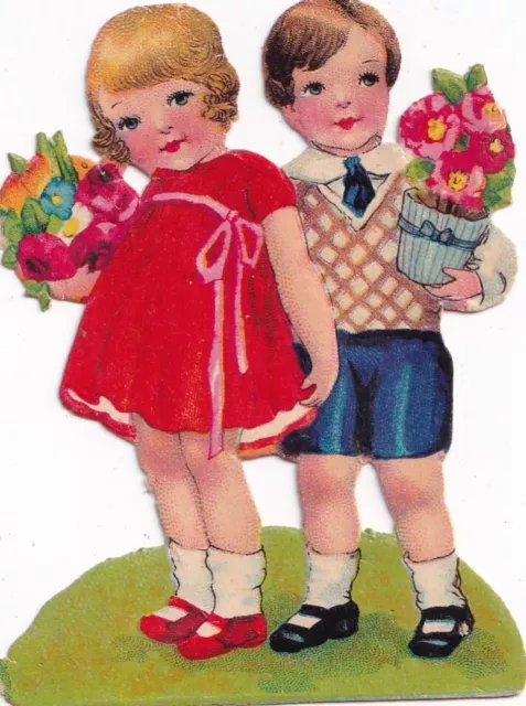 Antique 1900 - 1920's Victorian Edwardian Die Cut Scrap -Boy & Girl w Flowers