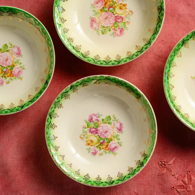 9 Vintage 1930s Paden City Bowls Bright Green Rim, Gold Filigree & Pink Roses