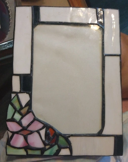Vintage Leaded Stained Glass Picture Frame With Pink Rose Art Deco TIFFANY STYLE