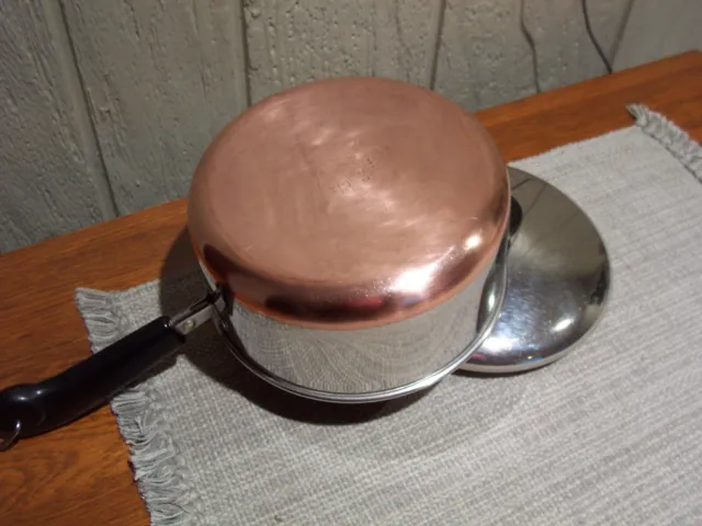 Vintage 2 Qt. Copper Bottom Revere Ware Shallow Saucepan w/ Lid Clinton ILL USA