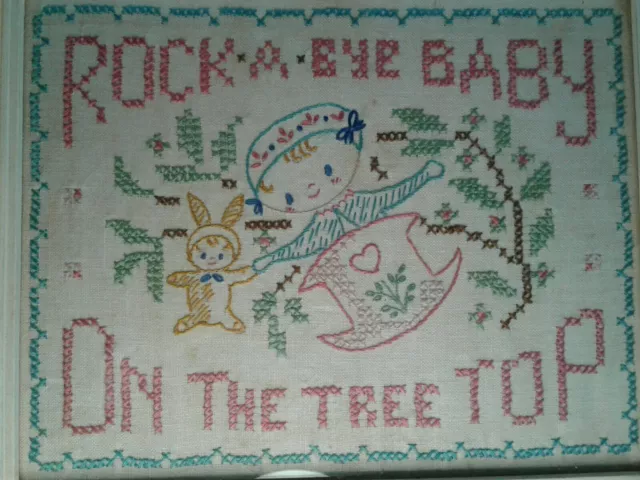 Vintage framed hand-stitched sampler nursery decor baby shower gender neutral
