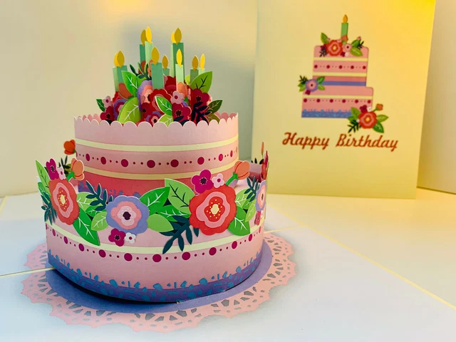 ORIGAMI POP CARDS Giant Birthday Cake with Pink & Purple 3D Pop Up ...