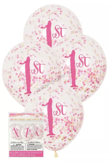 6 Pink First 1st Birthday Confetti Girl Party Balloons Decoration 30cm Helium