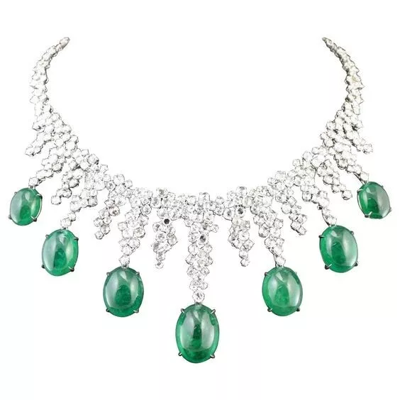 CABOCHON SYN COLOMBIAN Emerald Collar Necklace 925 Fine Silver Wedding ...
