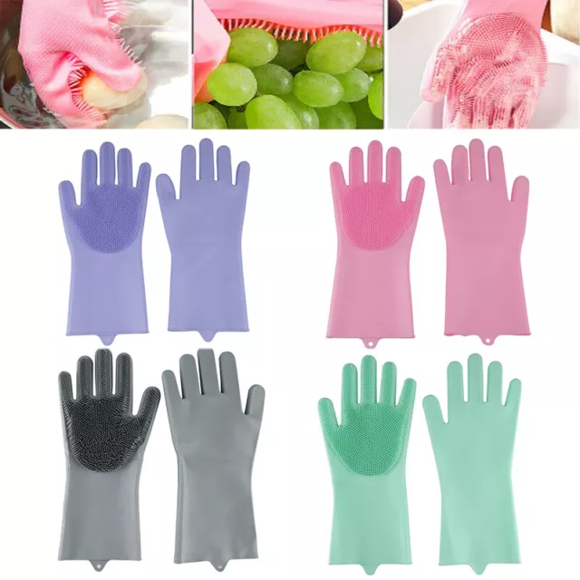 1Pair Magic Silicone Dishwashing Scrubber Rubber Scrub Gloves Kitchen Clean〕