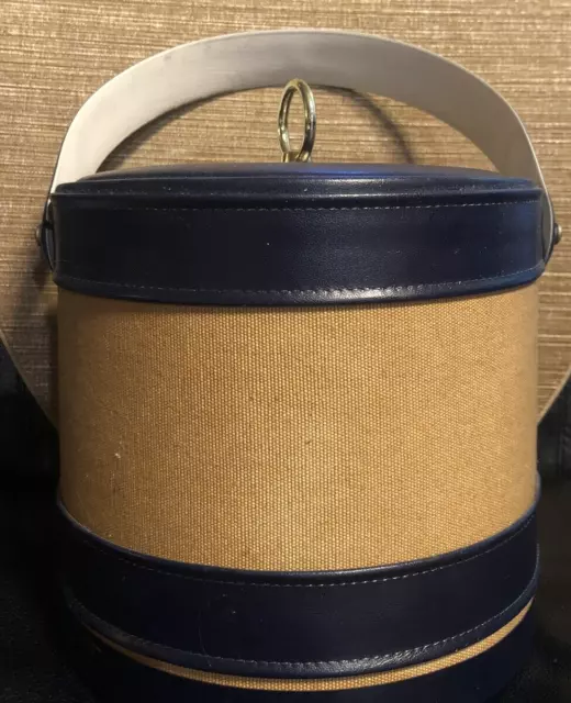 Retired Georges Briard Navy Blue & Burlap Striped Ice Bucket Cooler MCM Barware