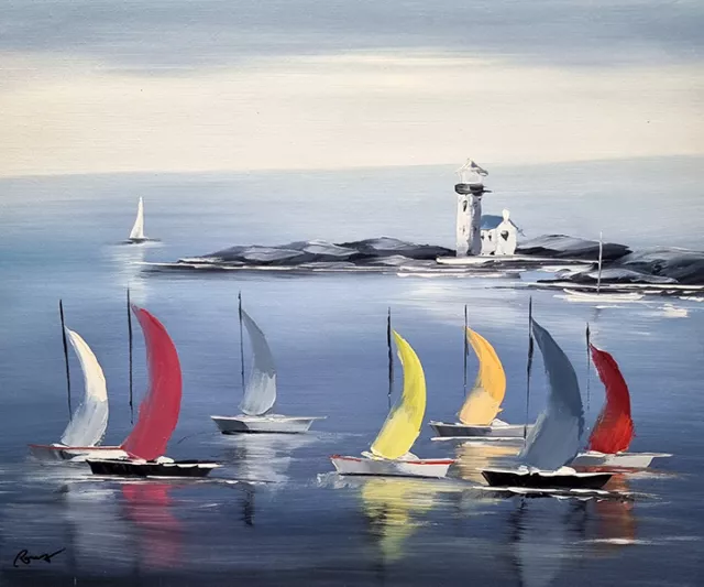 peinture marine, tableau régate bateaux colorés phare sur l'ile tableau peinture