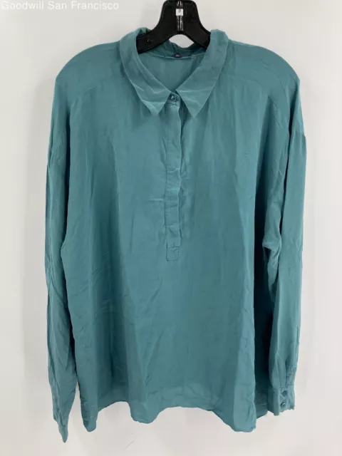 Eileen Fisher Womens Blue Silk Classic Long Sleeve Tunic Blouse Top Size Large