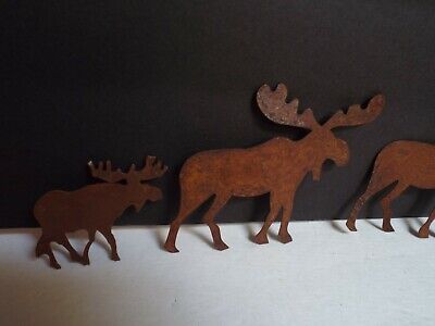 Rustic Metal Cutouts Herd of Moose Figurine lot 4p Crafts Primitive Cabin ART 2