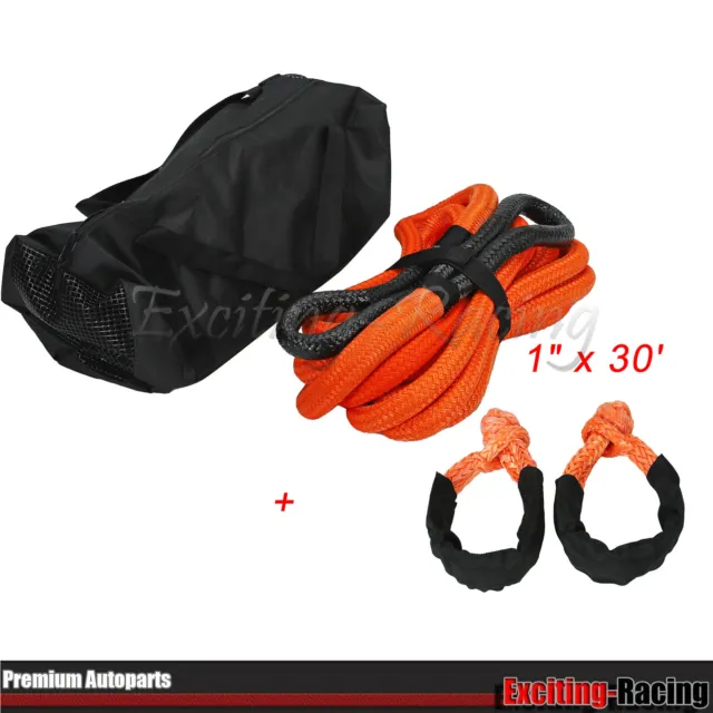 1" x 30'  Kinetic Energy Recovery Rope Tow Strap Orange with 2 Soft Shackles