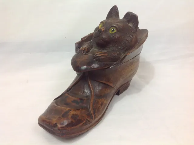 Rare superbe encrier bois sculpté Chat botté chaussure Fin 19° Conte de Perrault 3