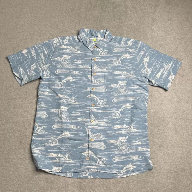 Quiksilver Shirt Mens Large Blue Fish All Over Print Waterman Camp Hiking Adult