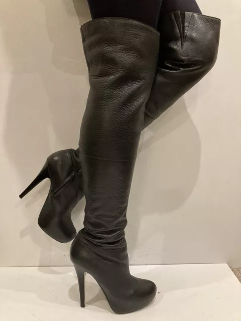 Topshop Barley Black Leather Sexy High Heel Over Knee Thigh Boots UK5 EU38 VGC