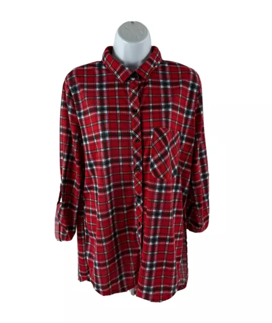 Poly Esther Women’s XL Red Black Brushed Plaid Blouse Long Sleeve Button Up