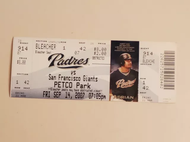 2007 MLB San Diego Padres Ticket Stub. SEP 14 2007 v SF Giants (5-4W) SEC BL