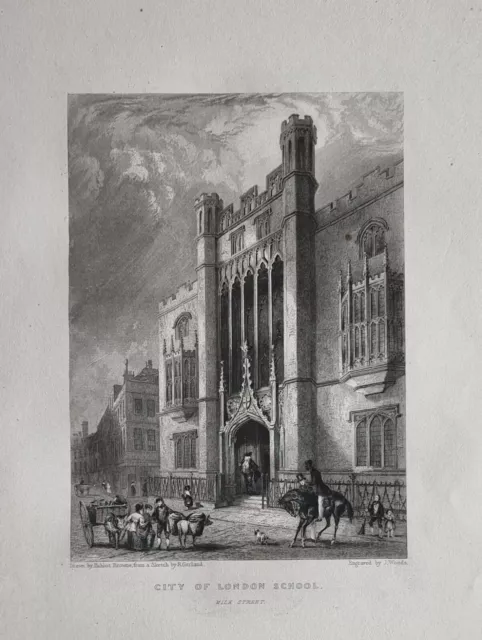 1838 Antique London Print City Of London School Milk Street