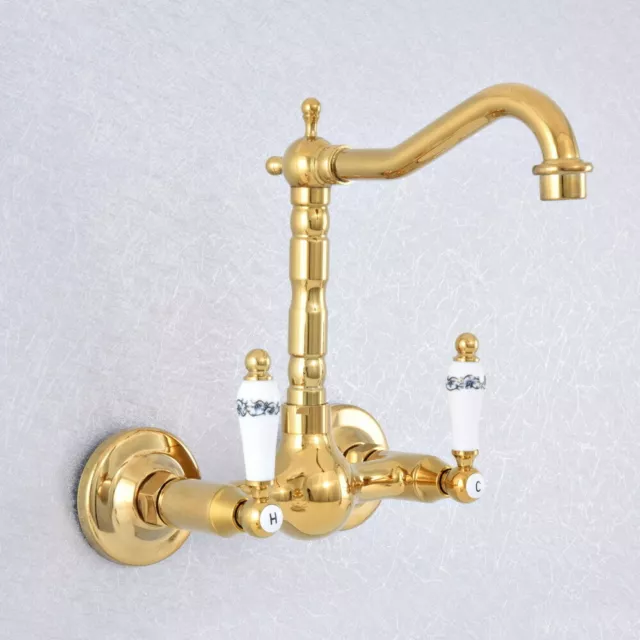 Golden Brass Wall Mount Bathroom Sink Faucet Swivel Kitchen Basin Taps Dsf614