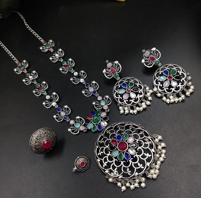 Indian Bollywood Silver plated Silver oxidized Necklace Earrings Jewelry Set