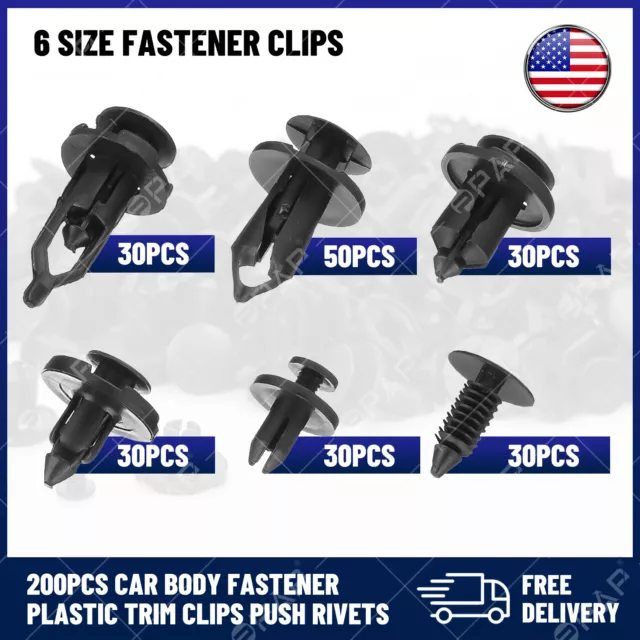 200Pc Car Body Fastener Plastic Trim Clips Push Rivets Panel Fender Retainer