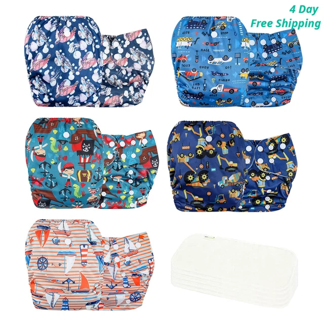 5 Pack Cloth Pocket Diapers 5 Bamboo Inserts Baby Reusable 2Layer nappy one size