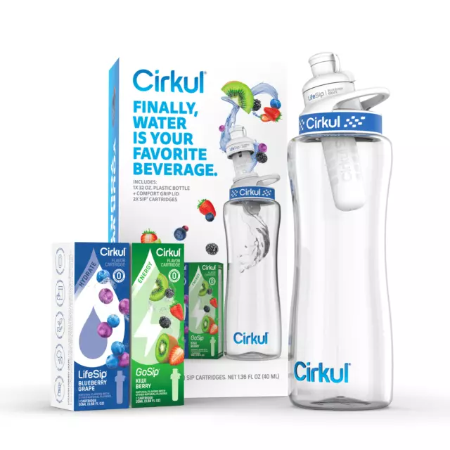 Cirkul 32oz Plastic Starter Kit with Navy Blue Lid, 2 Flavor Cartridges