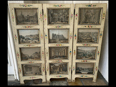 Antique French 3 Wood Folding Panels Screen With Paris Architectural Scenes.