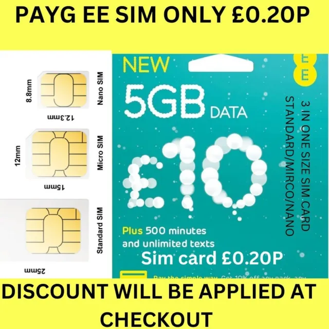 EE Sim Card Pay As You Go £10 Pack 5GB Data Unlimited SMS Mini Micro Nano PAYG