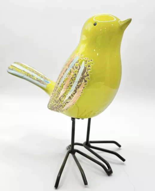 Ceramic Bird Figurine Metal Legs Decoration Green Yellow Orange Blue 6”