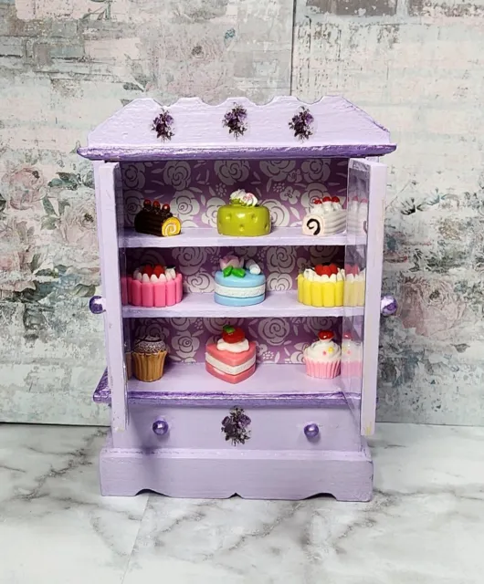Dollhouse Miniature Wooden  Pie Safe Purple With Cakes 1:12 Scale