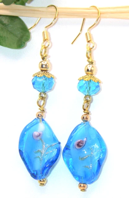 Blue Spiral Pink Floral Lampwork, Crystal, Artisan Earrings. northwestcreations