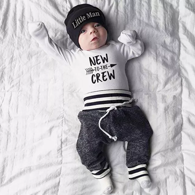 Newborn Baby Boys Outfit Set Clothes Long Sleeve Romper Tops + Long Pants + Hat 2