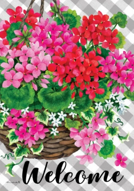 Welcome, Hanging Geraniums, Flowers Garden Flag 12"x18", Custom Decor, 2 Sided